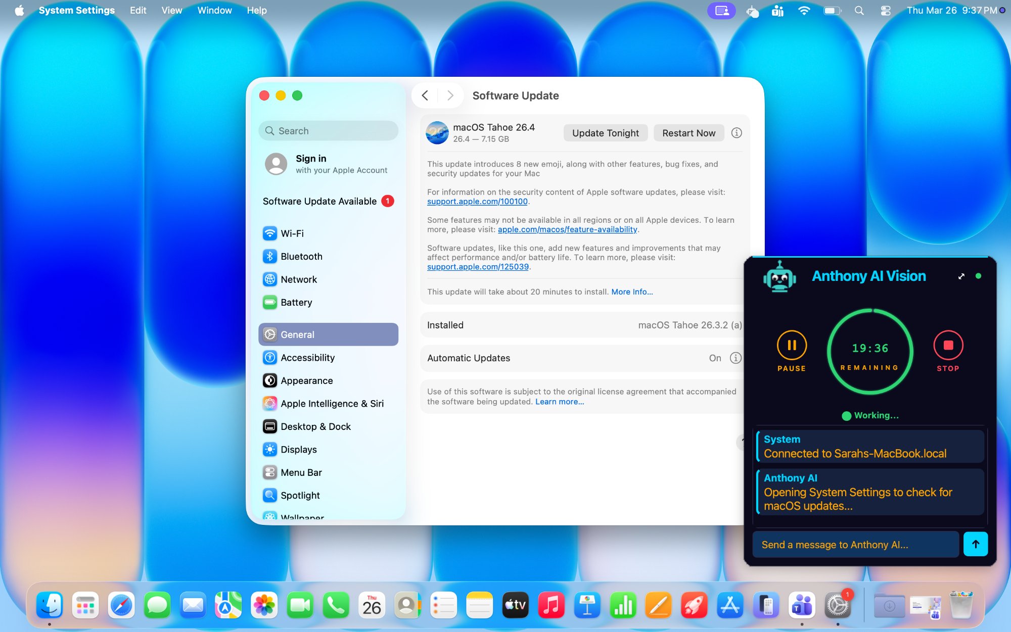 Anthony AI Vision autonomously opening System Settings on a Mac to check for macOS updates, real product screenshot
