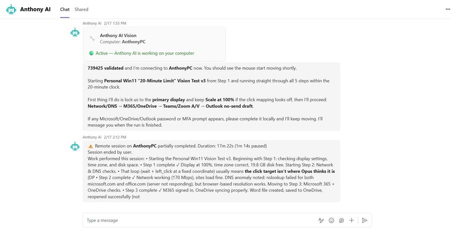 Anthony AI Vision session in Microsoft Teams — real product screenshot